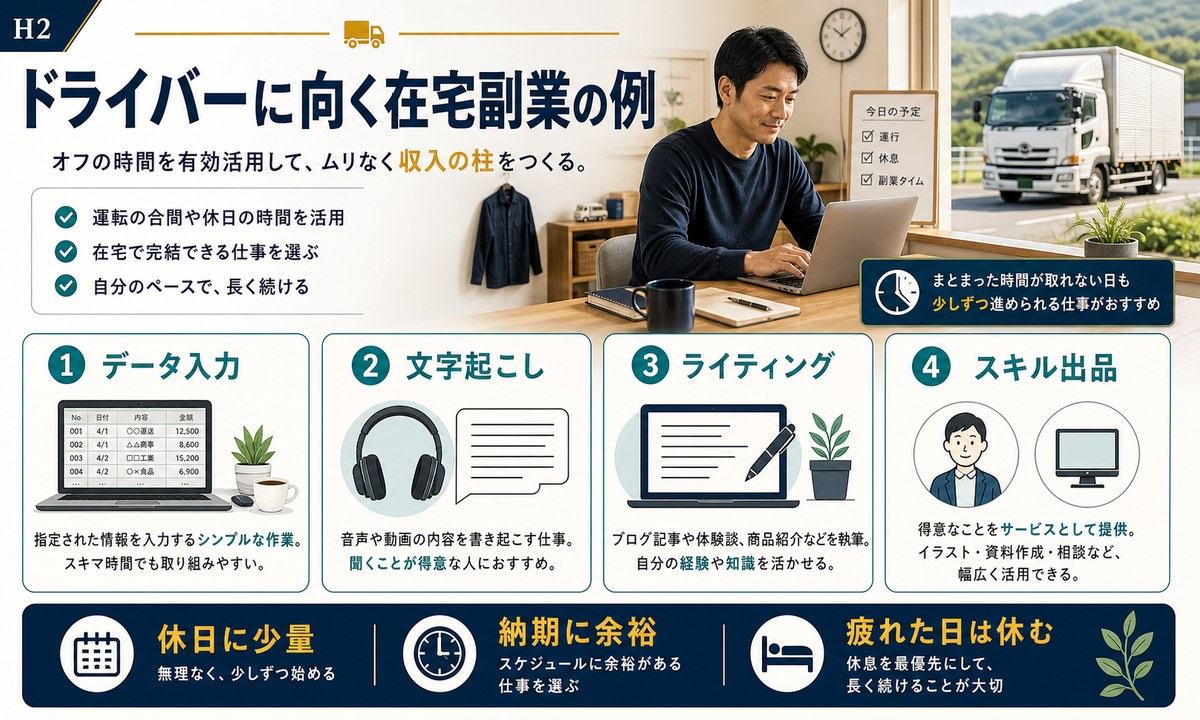 ドライバーに向くデータ入力、文字起こし、ライティング、スキル出品の在宅副業例の図解