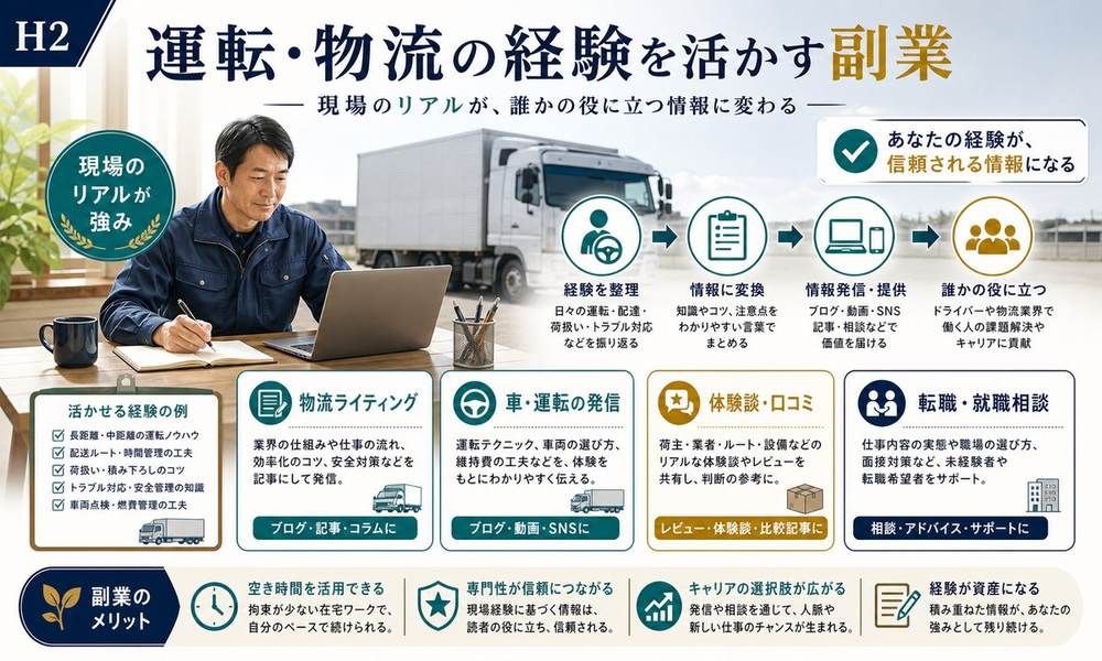 物流ライティング、車や運転の発信、体験談、転職や就職相談で運転物流経験を活かす副業の図解