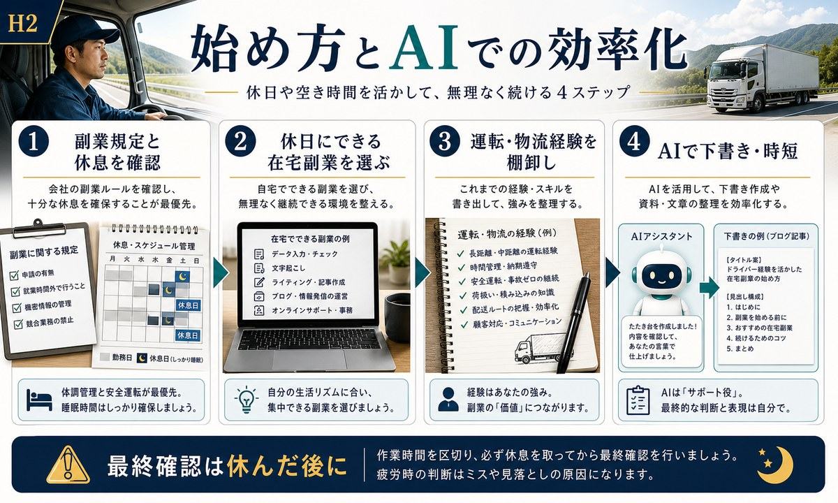 副業規定と休息を確認し休日にできる在宅副業を選び運転物流経験を棚卸しAIで下書きや時短をする図解