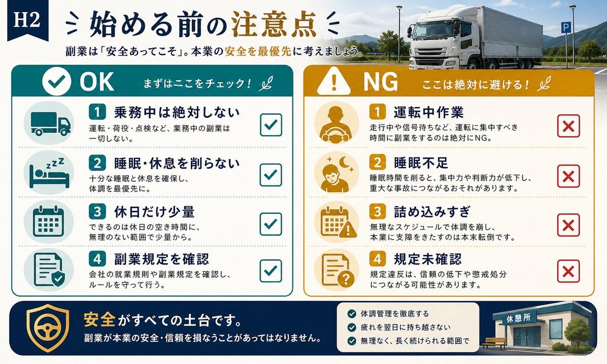 乗務中作業、睡眠不足、詰め込みすぎ、規定未確認を避けるドライバー副業の注意点の図解