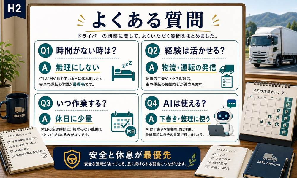 時間がない時は無理にしない、経験は物流や運転の発信に活かす、休日に少量、AIは整理に使うFAQ図解