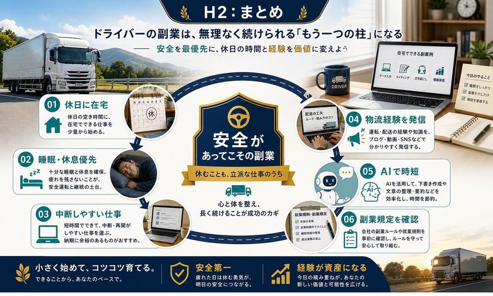 休日に在宅で睡眠と休息を優先し中断しやすい仕事を選び物流経験を発信し副業規定を確認するまとめ図解