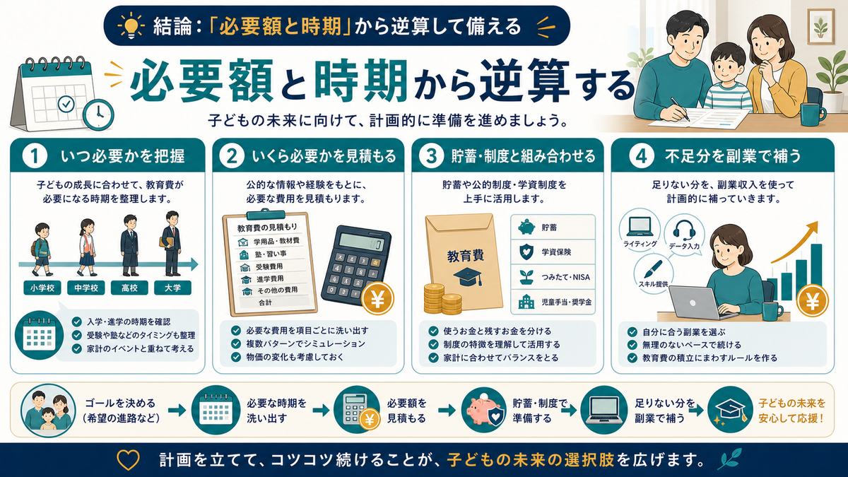 教育費を必要額と時期から逆算し貯蓄や制度と組み合わせ不足分を副業で補う流れの図解