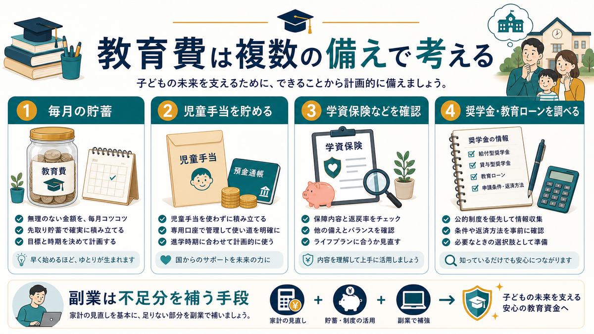 教育費の備え方を毎月の貯蓄、児童手当、学資保険、奨学金や教育ローンの情報収集で整理した図解
