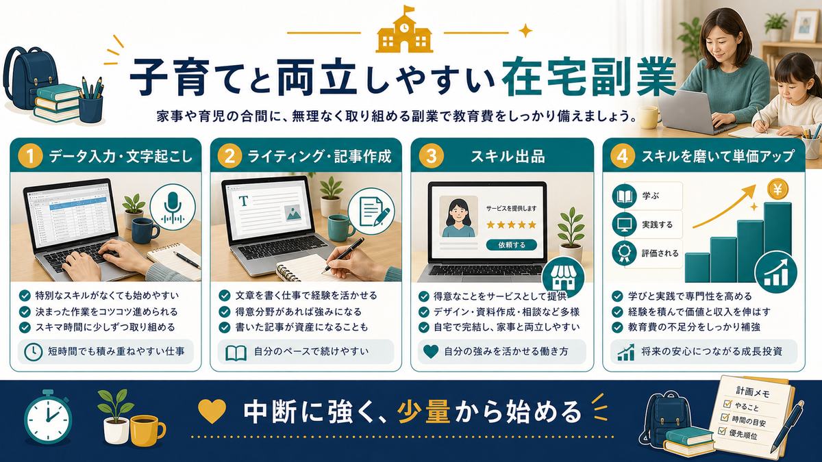 教育費の備えに向く在宅副業としてデータ入力、文字起こし、ライティング、スキル出品、スキルアップを整理した図解