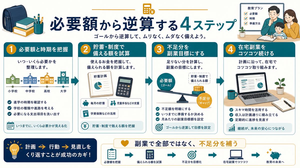 教育費の必要額と時期を把握し貯蓄や制度で備える額を試算して不足分を副業目標にする4ステップの図解