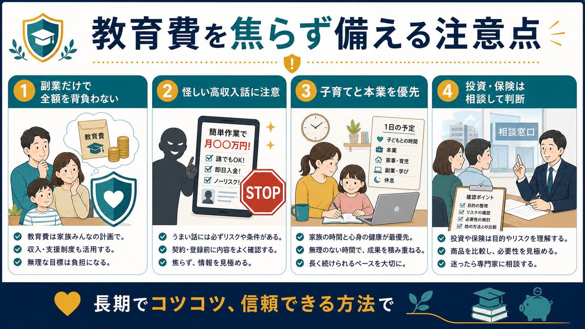 教育費を焦らず備えるために副業だけで全額を背負わず怪しい高収入話に注意し子育てと本業を優先する図解