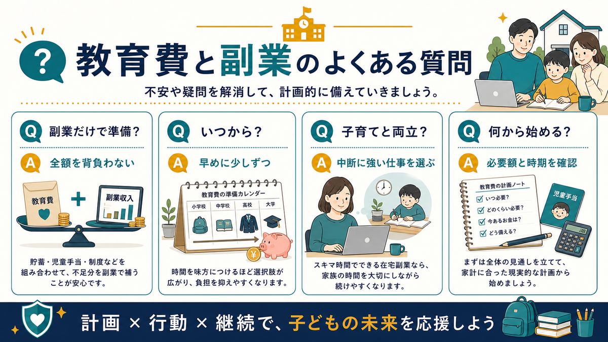 教育費と副業のFAQを副業だけで準備しない、早めに少しずつ、中断に強い仕事を選ぶ、必要額と時期を確認で整理した図解