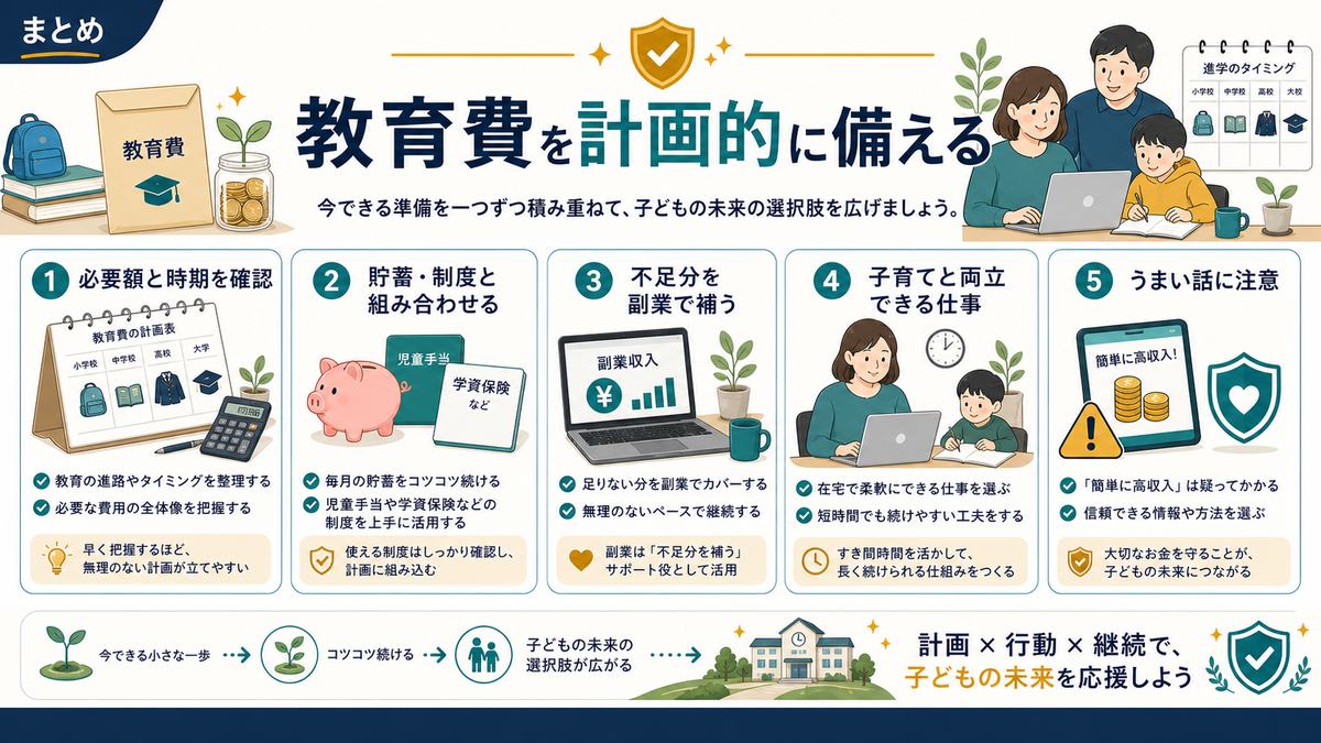 教育費を計画的に備えるため必要額と時期を確認し貯蓄や制度と組み合わせ不足分を副業で補うまとめ図解