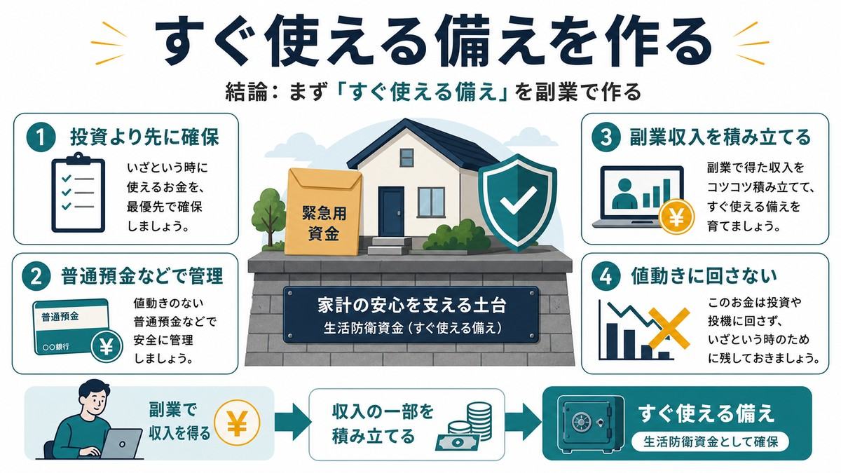生活防衛資金を投資より先に確保し普通預金などですぐ使える備えとして副業収入を積み立てる流れの図解