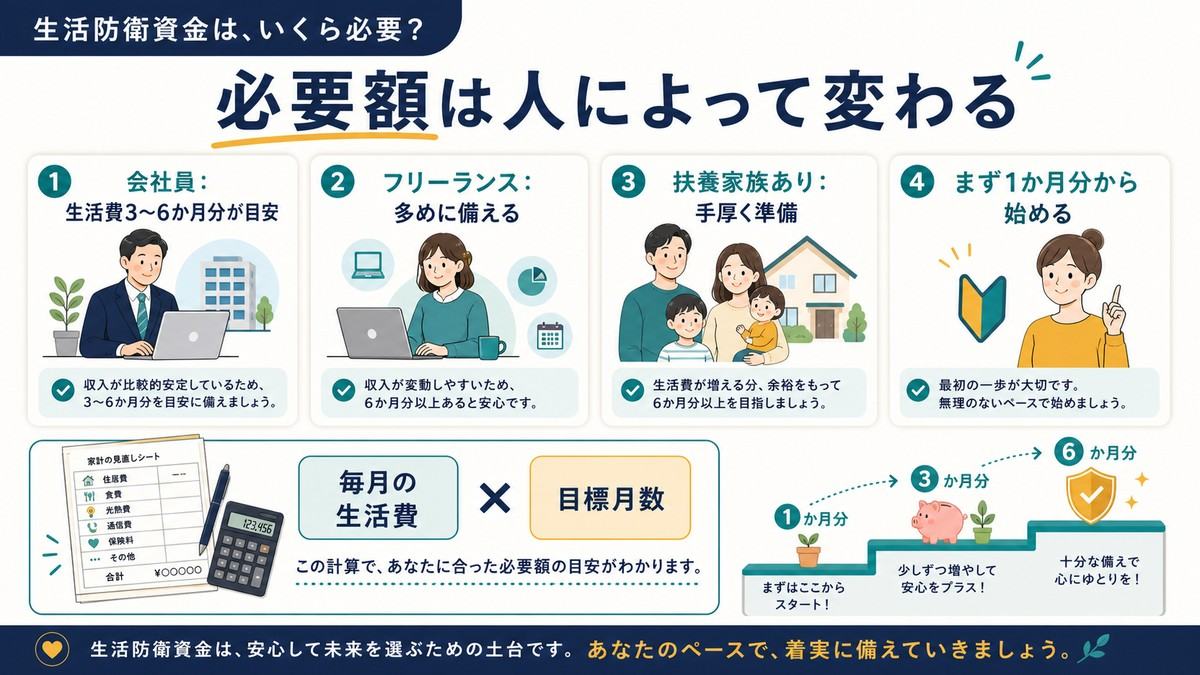 生活防衛資金の必要額を会社員、フリーランス、扶養家族あり、まず1か月分からの目安で整理した図解