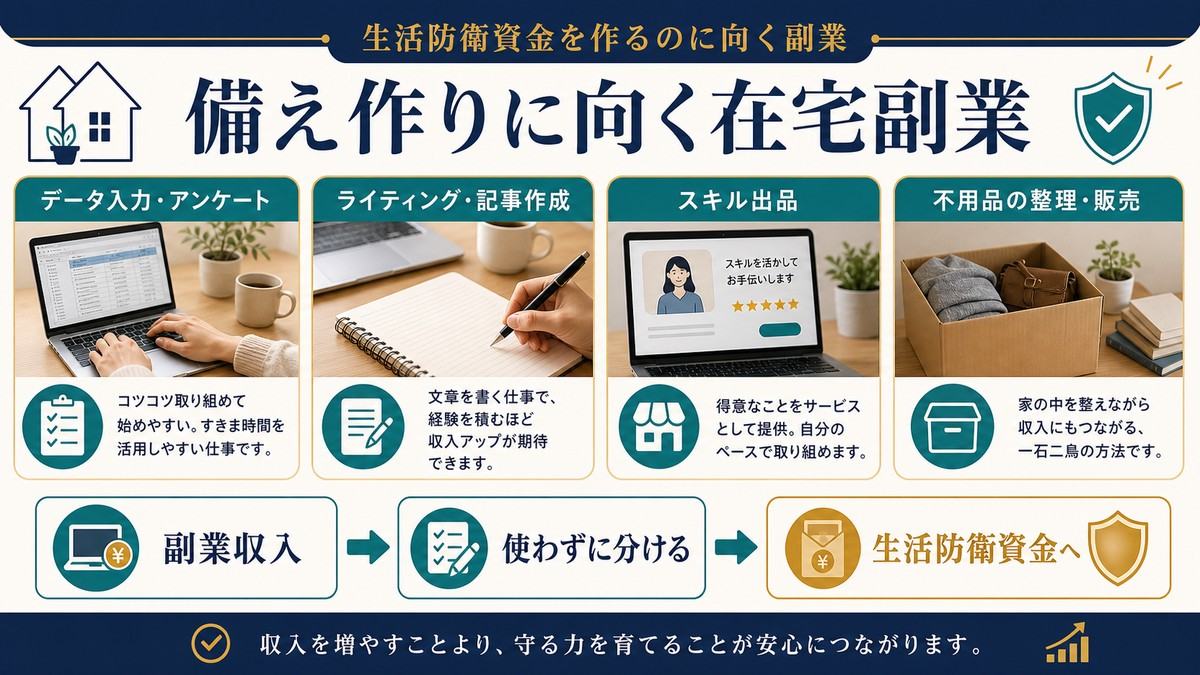 生活防衛資金作りに向く在宅副業としてデータ入力、ライティング、スキル出品、不用品整理販売を整理した図解