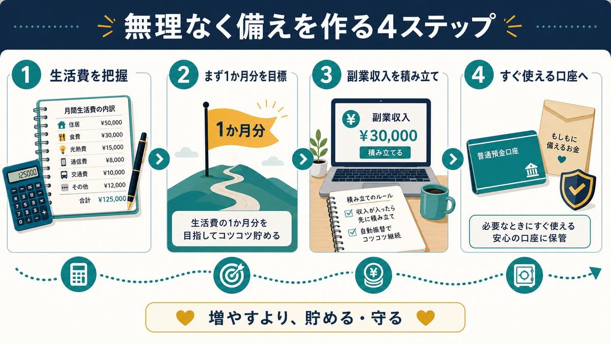 生活費を把握し1か月分を目標に副業収入を積み立てすぐ使える口座へ保管する4ステップの図解