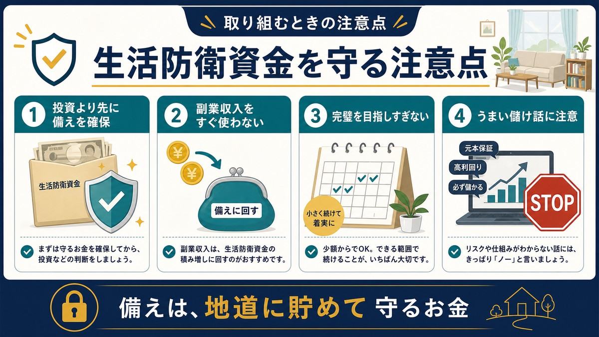 生活防衛資金を投資より先に確保し副業収入をすぐ使わず完璧を目指しすぎず儲け話に注意する図解