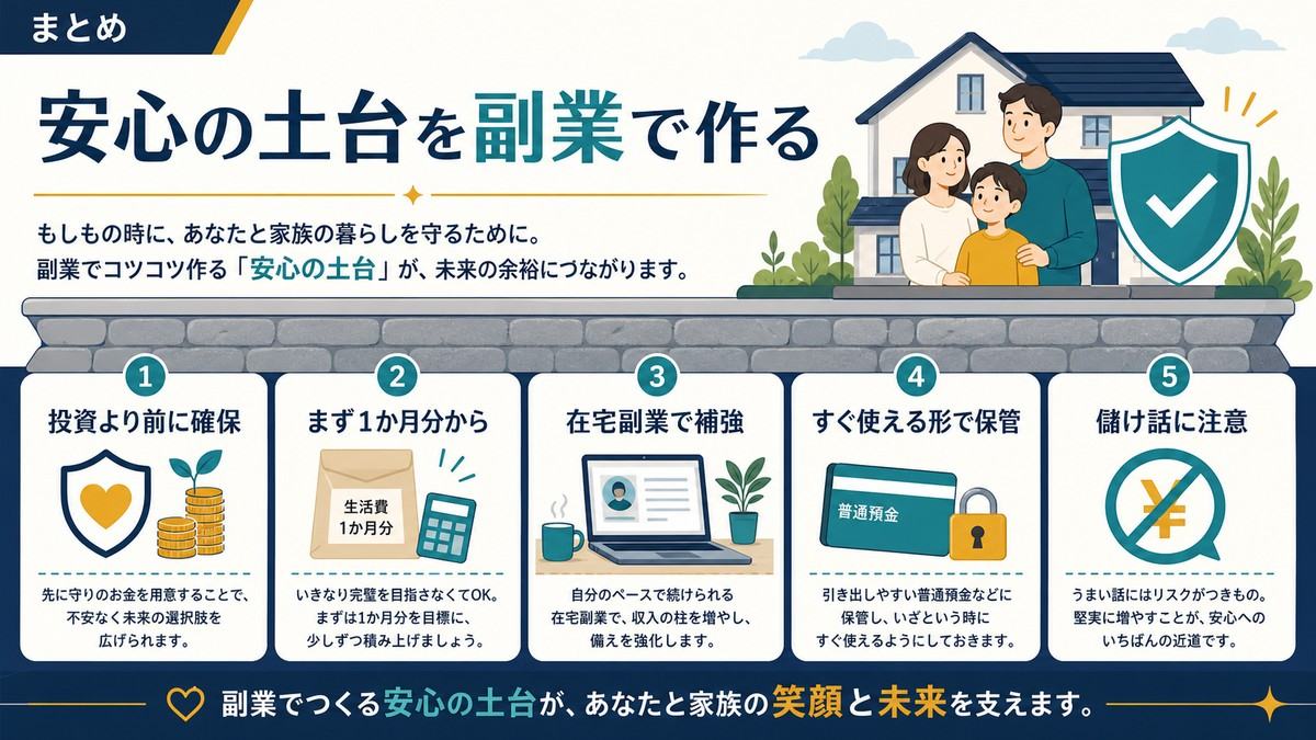 生活防衛資金を投資より前に確保しまず1か月分から在宅副業で補強してすぐ使える形で保管するまとめ図解