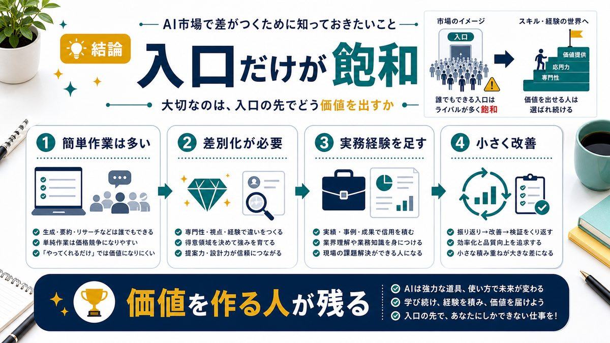 AI副業で飽和している入口と差別化の必要性を整理した図解