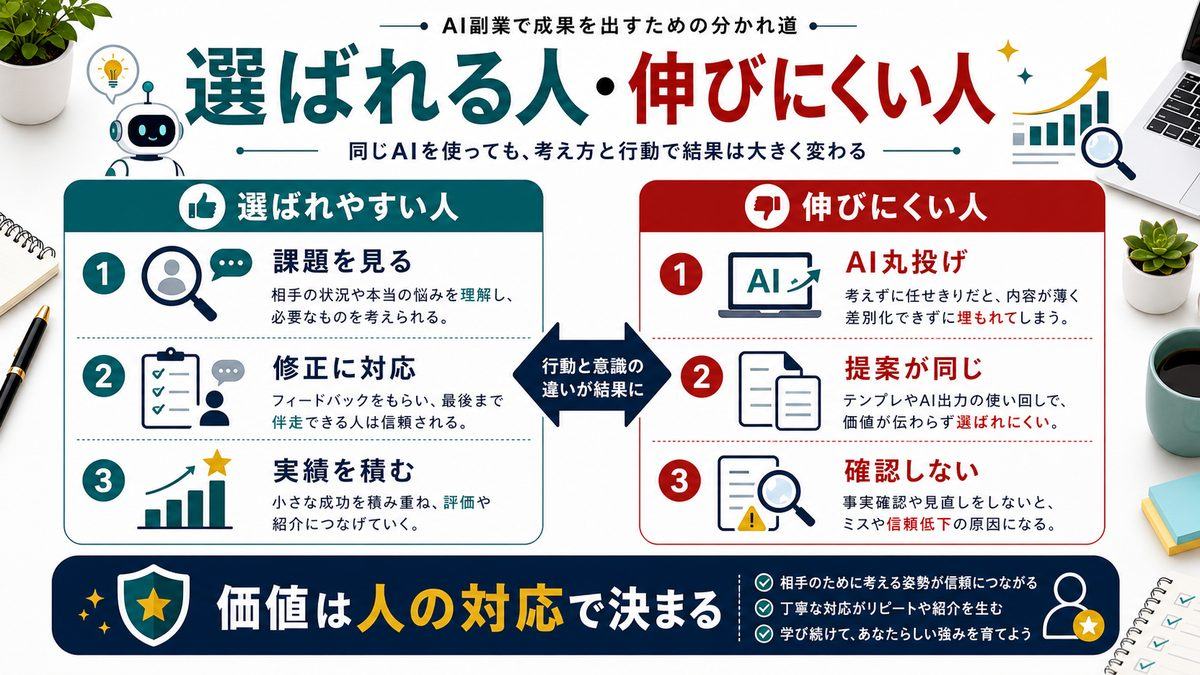 AI副業で選ばれやすい人と伸びにくい人の違いを整理した図解