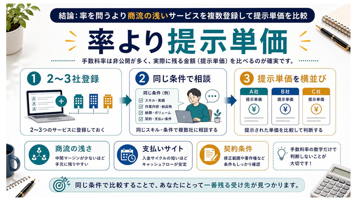 フリーランスエージェントは率より提示単価を横並びで比較することを示す図解