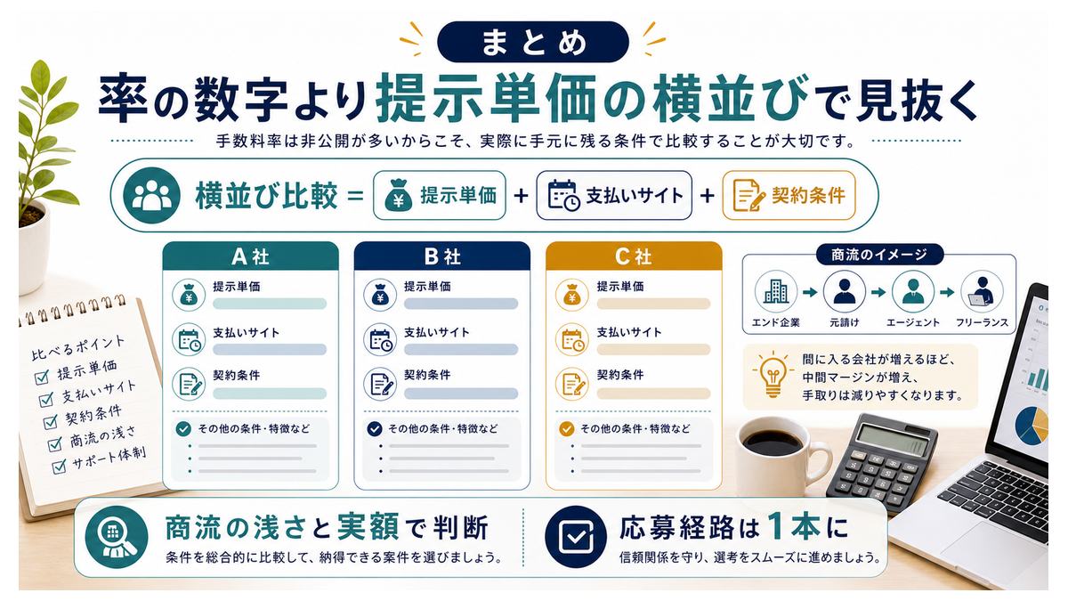 フリーランスエージェントは提示単価、支払いサイト、契約条件を横並び比較して商流の浅さを判断するまとめ図解