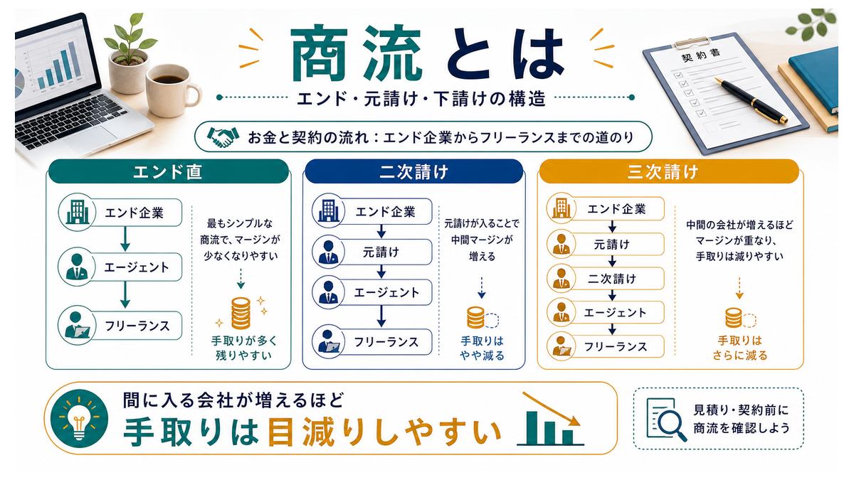エンド直、二次請け、三次請けの商流構造を示す図解