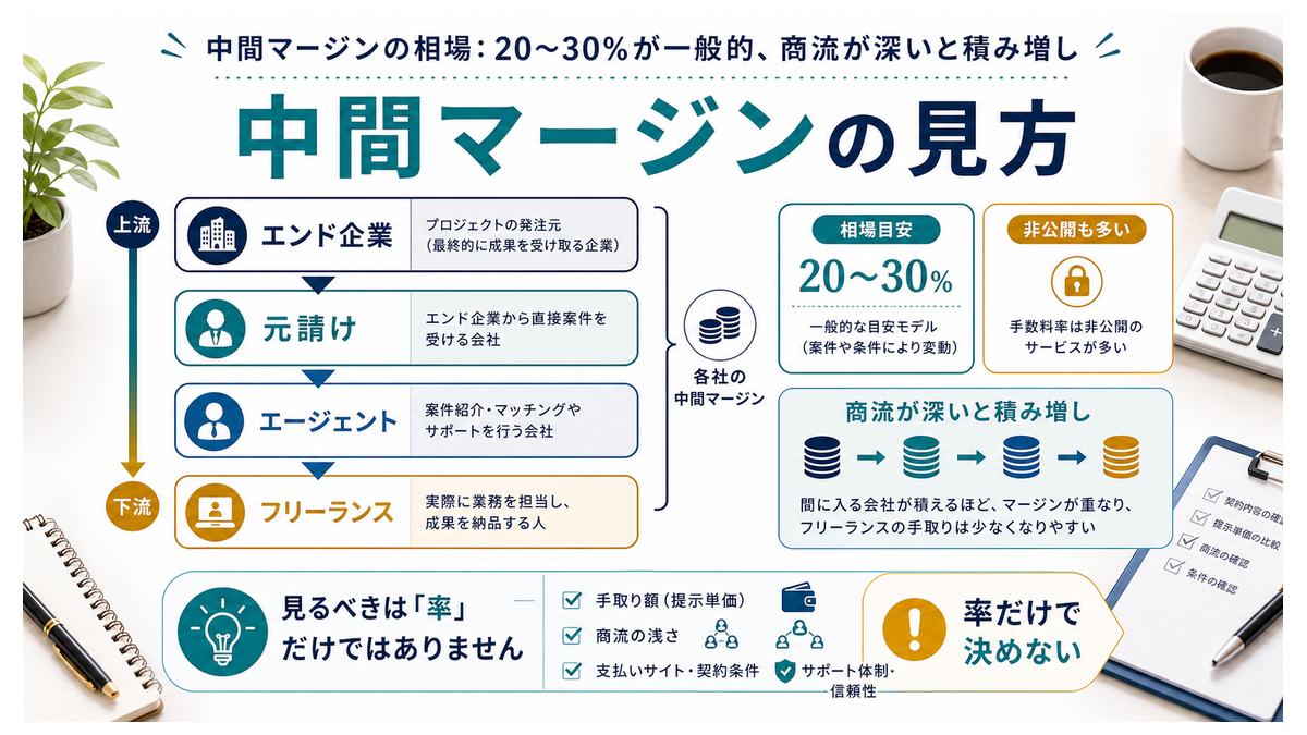 中間マージンの相場と商流が深いほど積み増しされる仕組みの図解