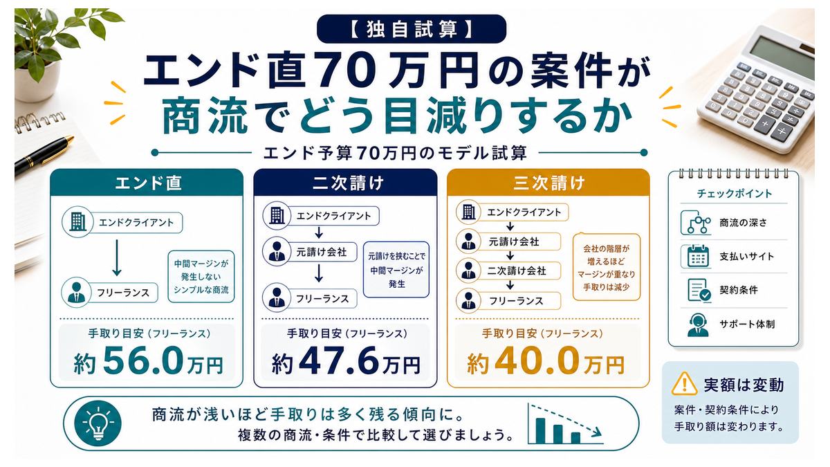 エンド予算70万円の案件が商流の深さで手取り目安として目減りする試算図解