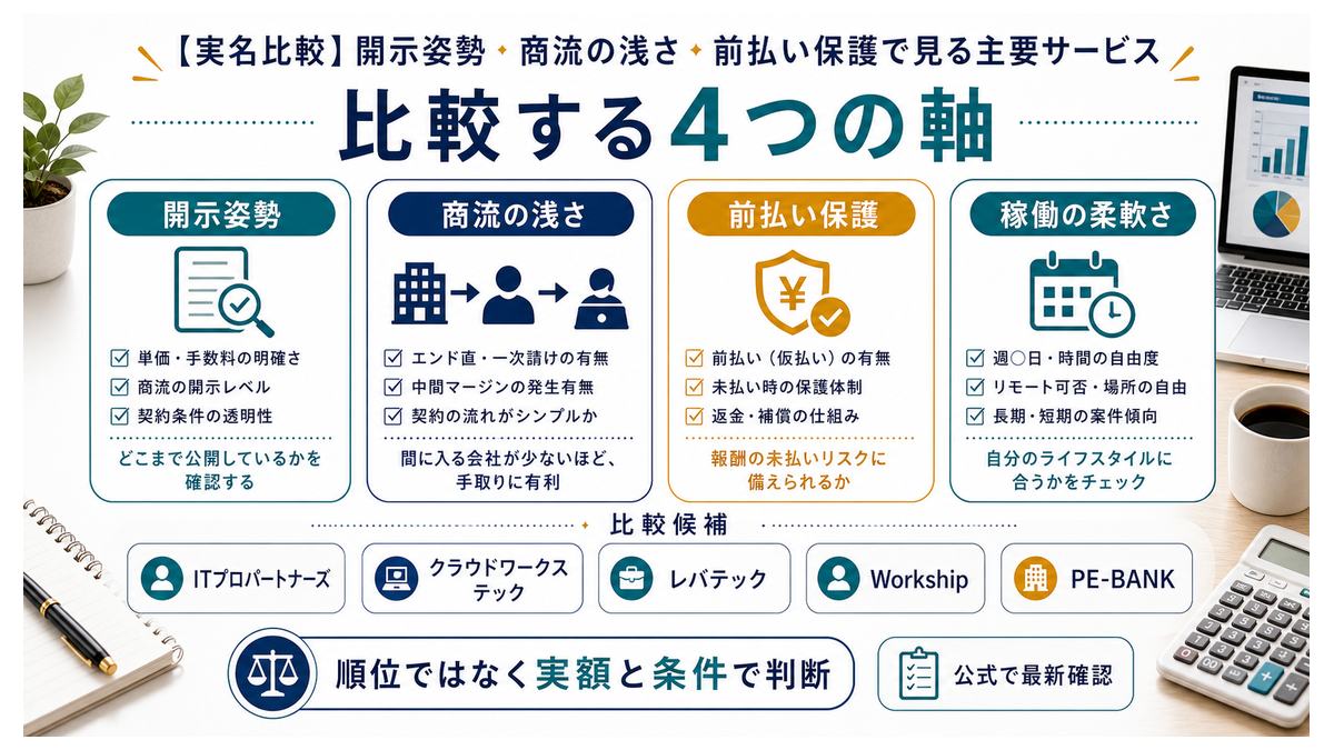 フリーランスエージェント主要サービスを開示姿勢、商流の浅さ、前払い保護、稼働の柔軟さで見る比較軸の図解