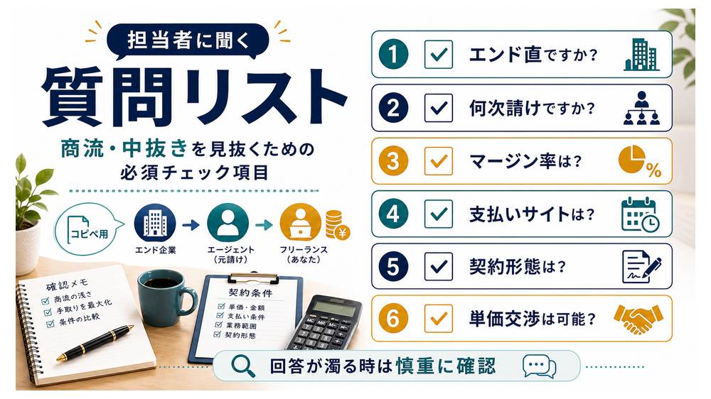 フリーランスエージェント担当者に聞く商流と中抜き確認の質問リスト図解