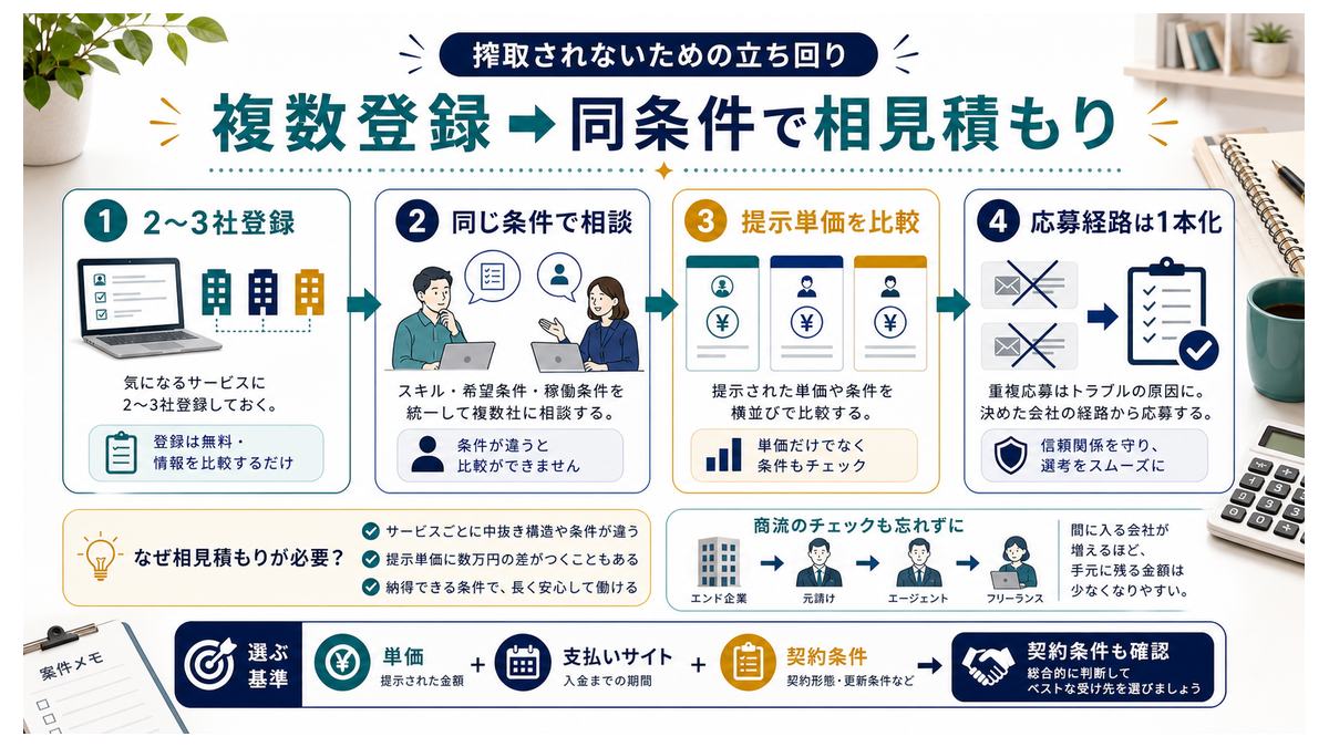 複数登録して同条件で提示単価を相見積もりする立ち回りの図解