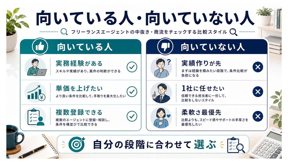 フリーランスエージェントの中抜きや商流を比較する方法が向いている人と向いていない人の図解