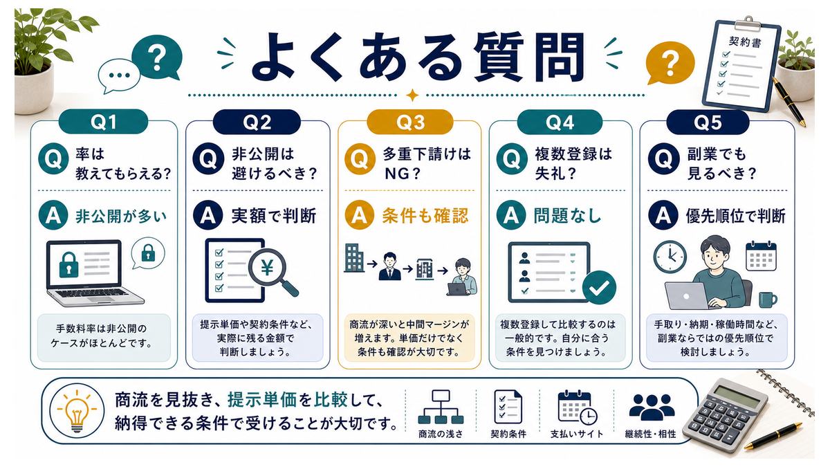フリーランスエージェントのマージン率と商流に関するよくある質問を要約した図解