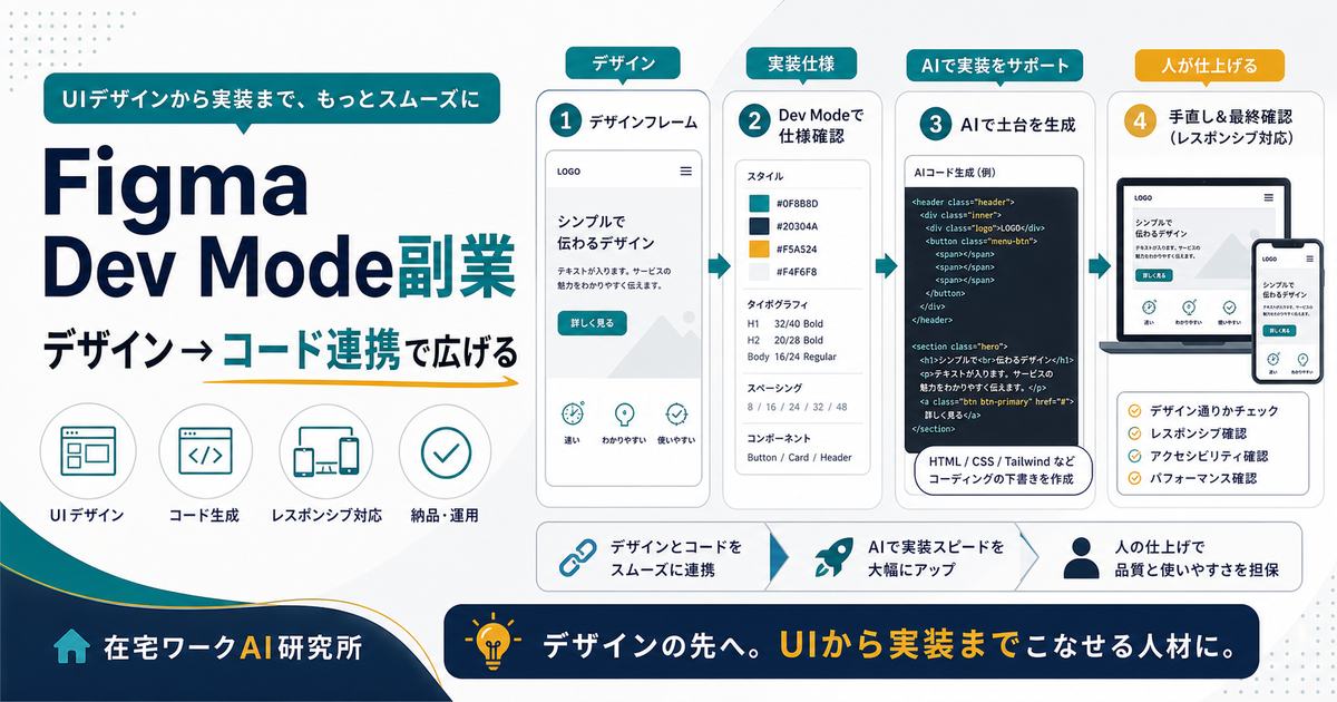 Figma Dev ModeとAI実装ツールでデザインからコード連携へ広げる流れを示すアイキャッチ画像