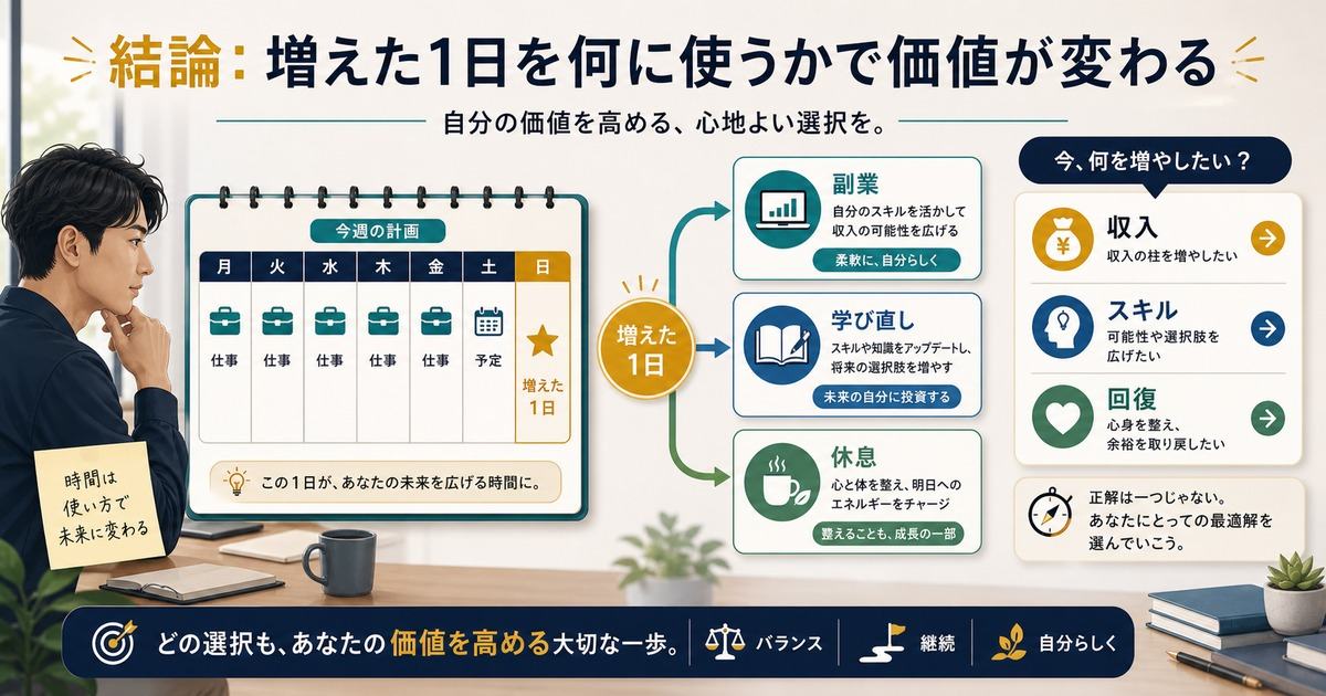 週休3日制で増えた1日を副業、学び直し、休息のどれに使うかで価値が変わる図解