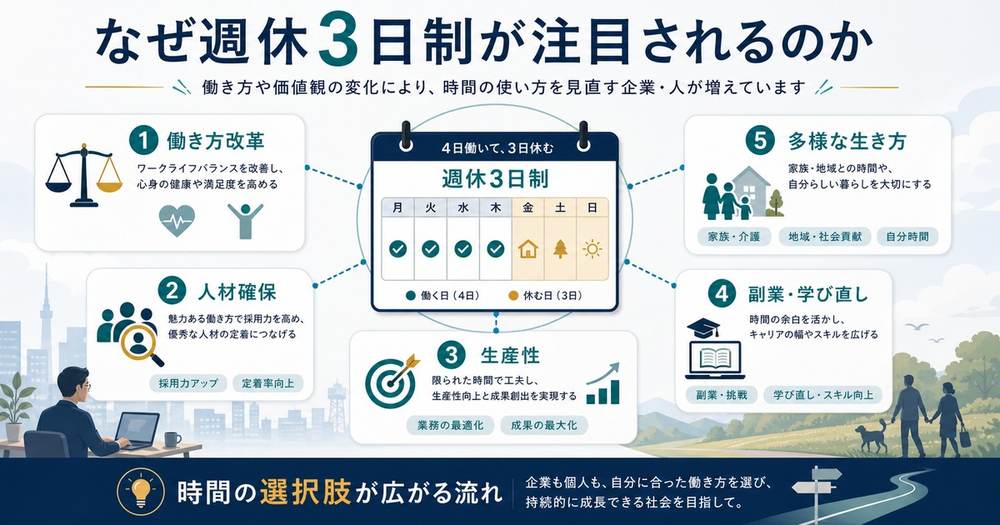 働き方改革、人材確保、生産性、副業学び直し、多様な生き方から週休3日制が注目される図解