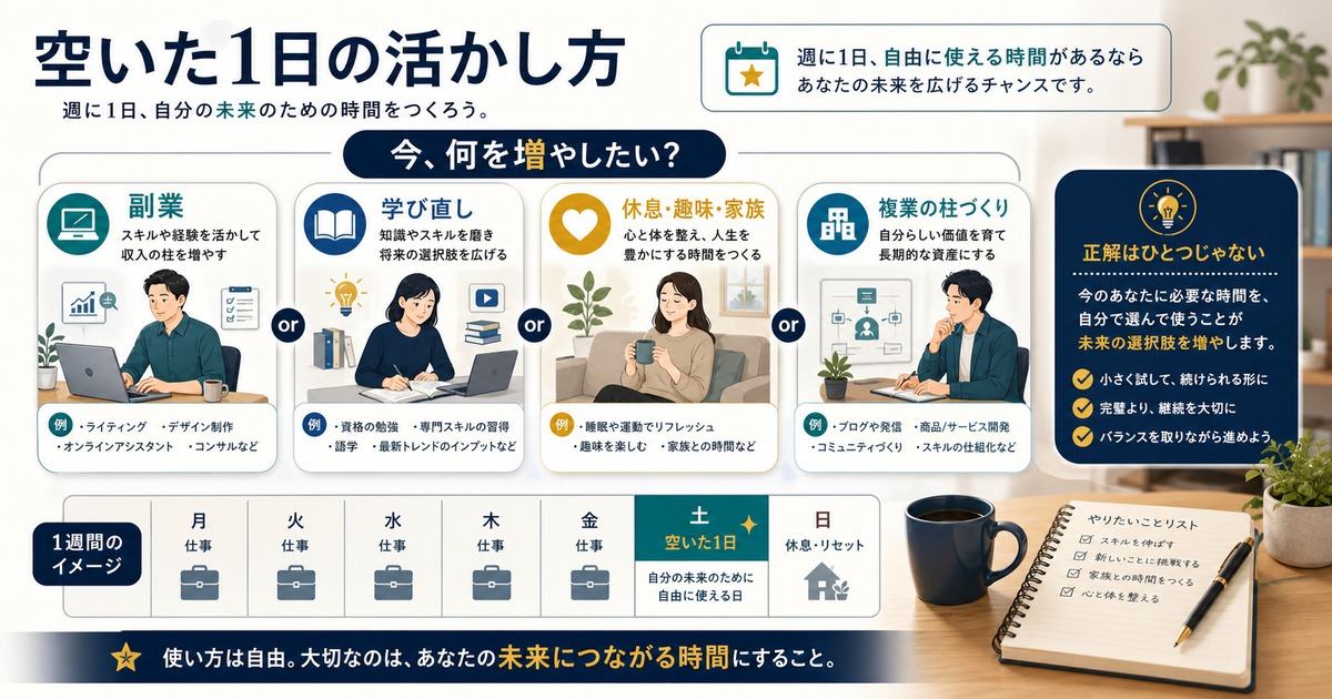 週休3日で空いた1日を副業、学び直し、休息や趣味、複業の柱づくりに活かす選択肢の図解