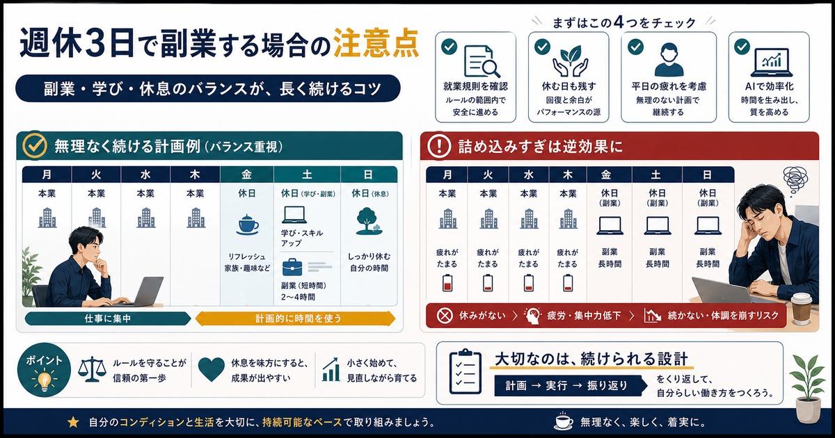 週休3日で副業する時は就業規則確認、休息確保、平日の疲れ、AI効率化に注意する図解