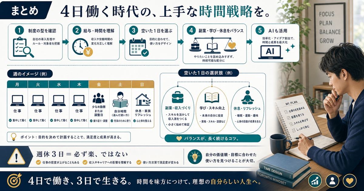 週休3日制は制度の型と給与労働時間を確認し空いた1日を副業学び休息でバランスよく使うまとめ図解