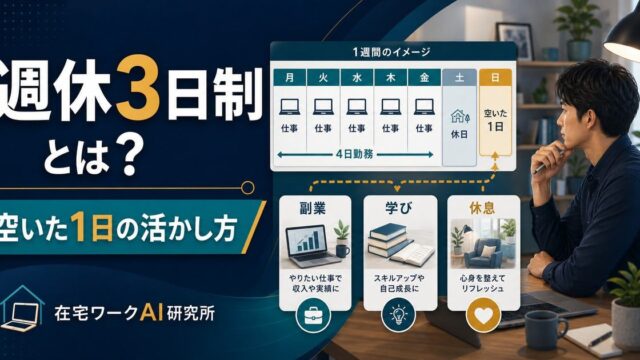 週休3日制とは何かと空いた1日の活かし方を示す在宅ワークAI研究所のアイキャッチ画像