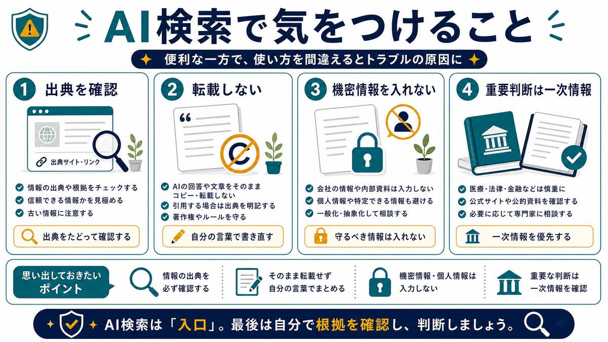 AI検索で気をつけることとして、出典確認、転載しない、機密情報を入れない、重要判断は一次情報を示す図解