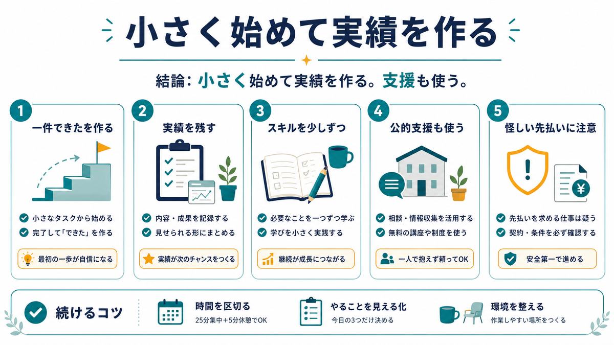 フリーターや無職から在宅ワークを始める結論として、一件できたを作る、実績を残す、スキルを少しずつ、公的支援も使う、怪しい先払いに注意を示す図解