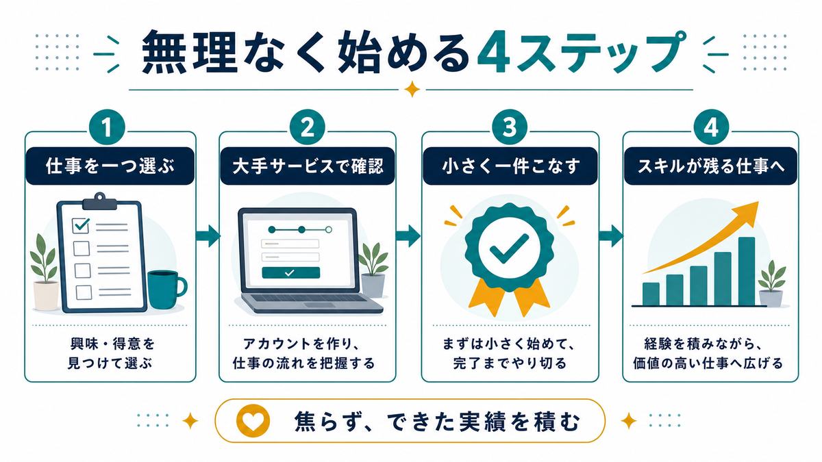無理なく在宅ワークを始める4ステップとして、仕事を一つ選ぶ、大手サービスで確認、小さく一件こなす、スキルが残る仕事へ進むを示す図解