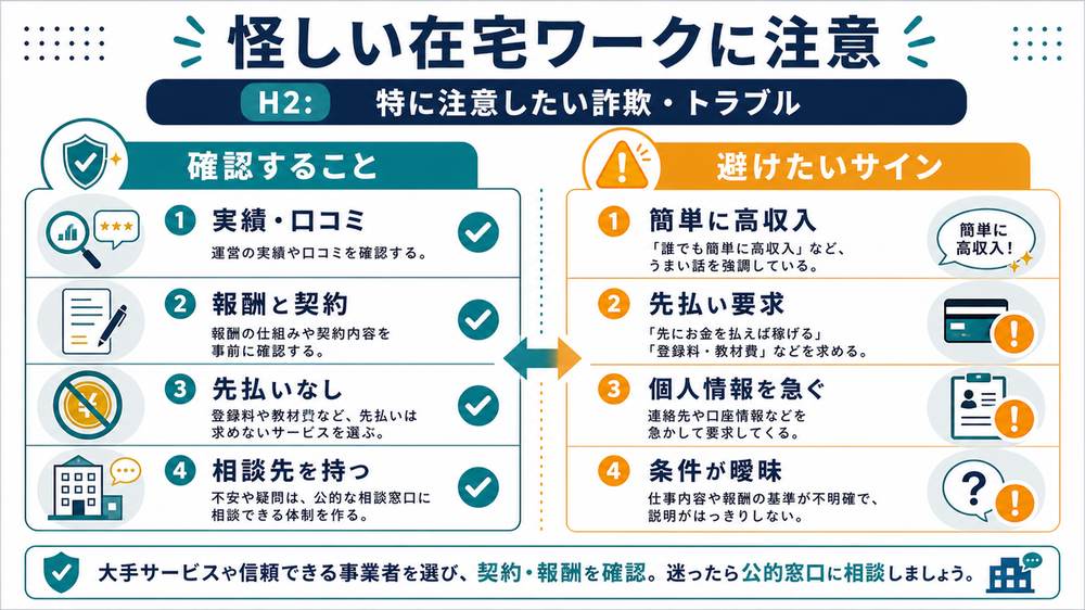 在宅ワークの詐欺やトラブル対策として、実績や口コミ、報酬と契約、先払いなし、相談先を持つことと、簡単に高収入、先払い要求、個人情報を急ぐ、条件が曖昧を避けることを示す図解