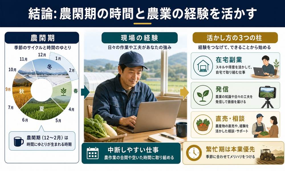農閑期の時間と農業の経験を在宅副業、発信、直売や相談に活かし繁忙期は本業を優先する図解