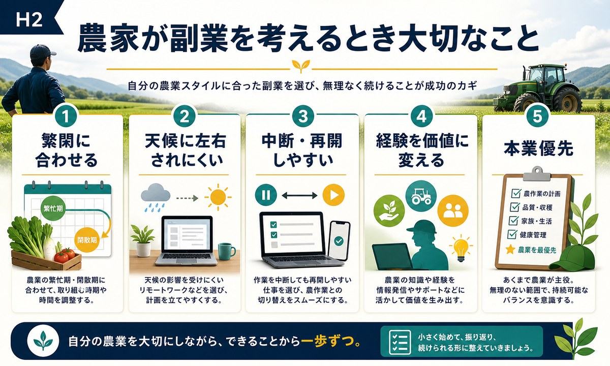 農家が副業を考える時に繁閑に合わせ天候に左右されにくく中断再開しやすい仕事を選び本業を優先する図解