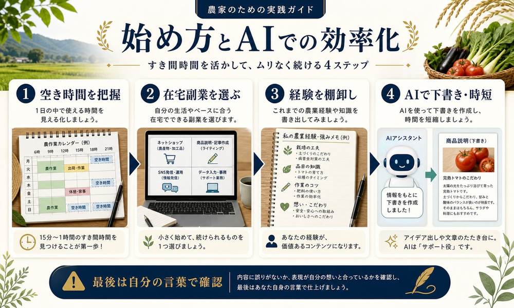 空き時間を把握し在宅副業を選び農業経験を棚卸しAIで下書きや時短をする始め方の図解