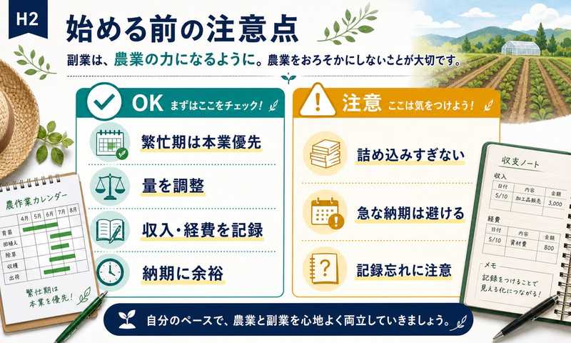 繁忙期は本業を優先し副業量を調整し収入と経費を記録し納期に余裕を持つ注意点の図解