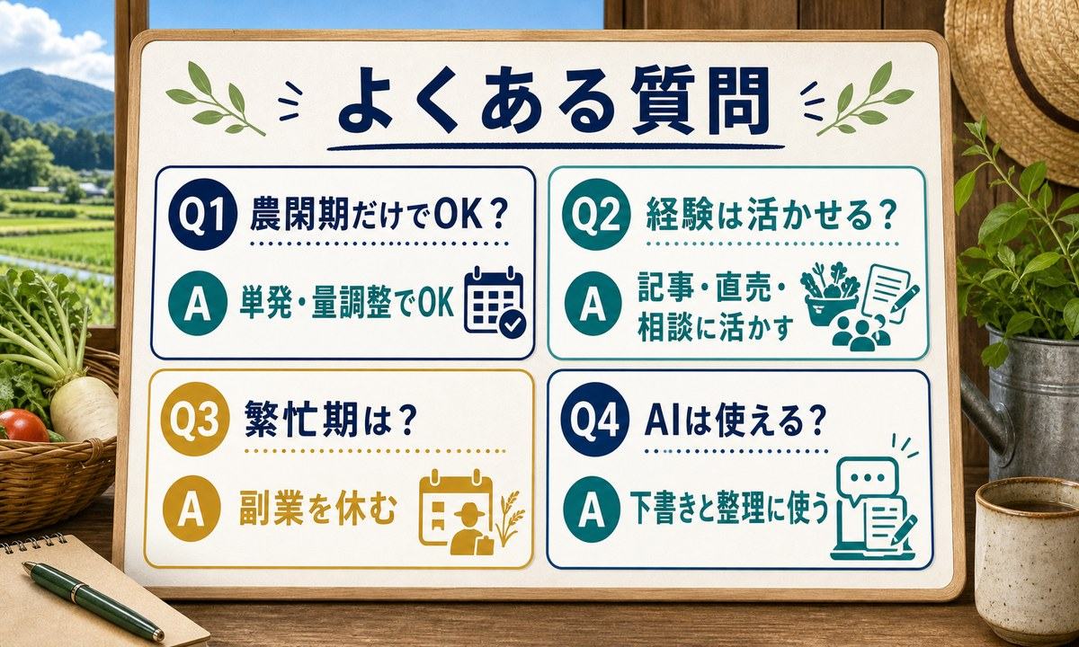 農閑期だけの副業、農業経験の活かし方、繁忙期は休む、AIの使い方をまとめたFAQ図解