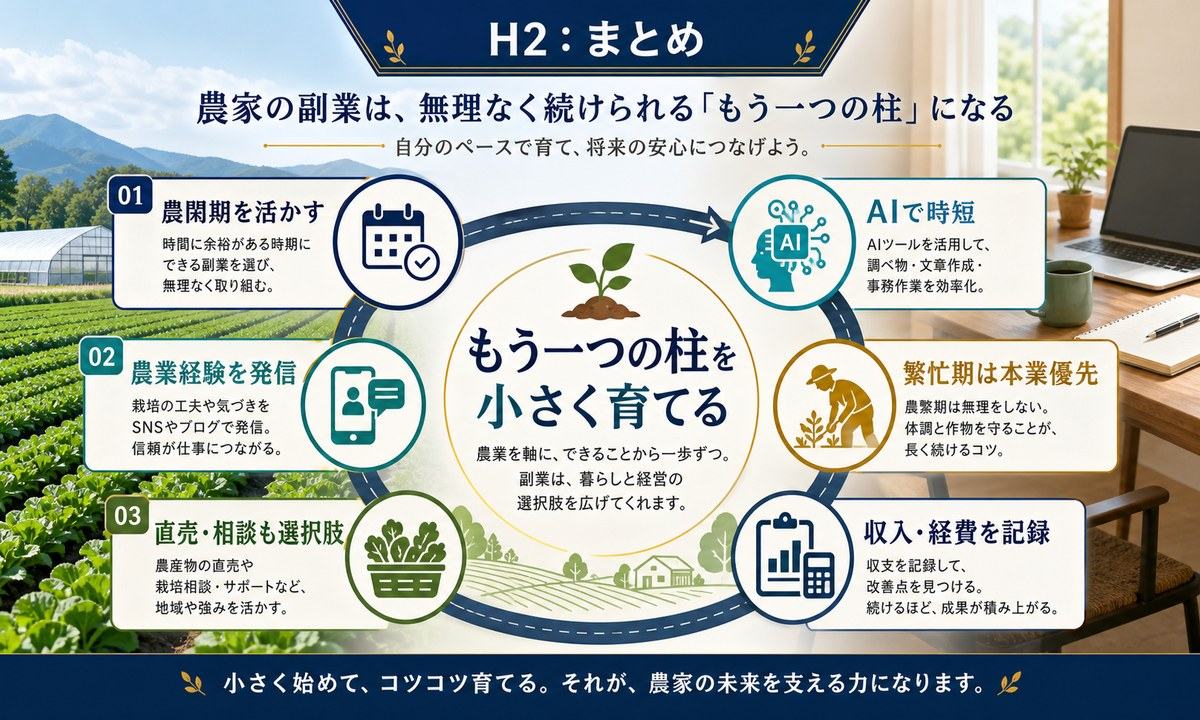 農閑期を活かし農業経験を発信や直売や相談に変えAIで時短し繁忙期は本業を優先するまとめ図解
