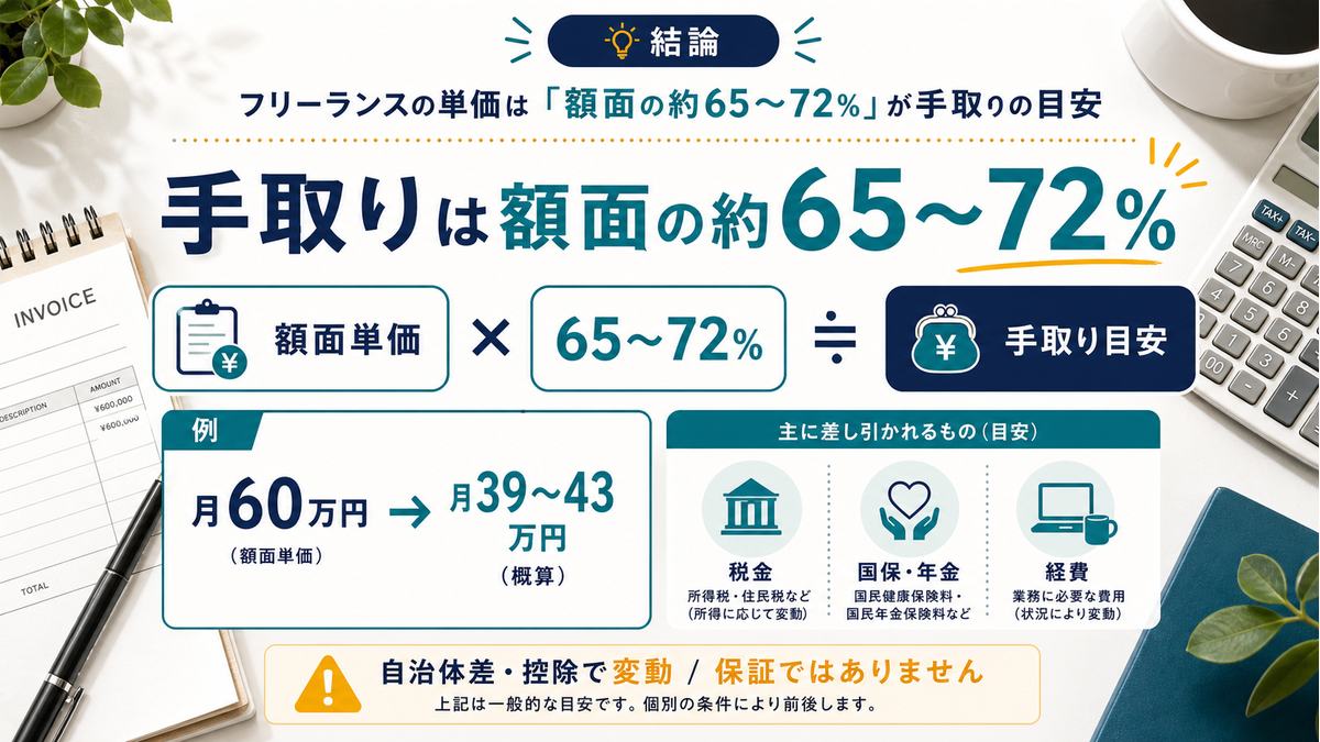 フリーランスの額面単価から手取りの目安を逆算する図解