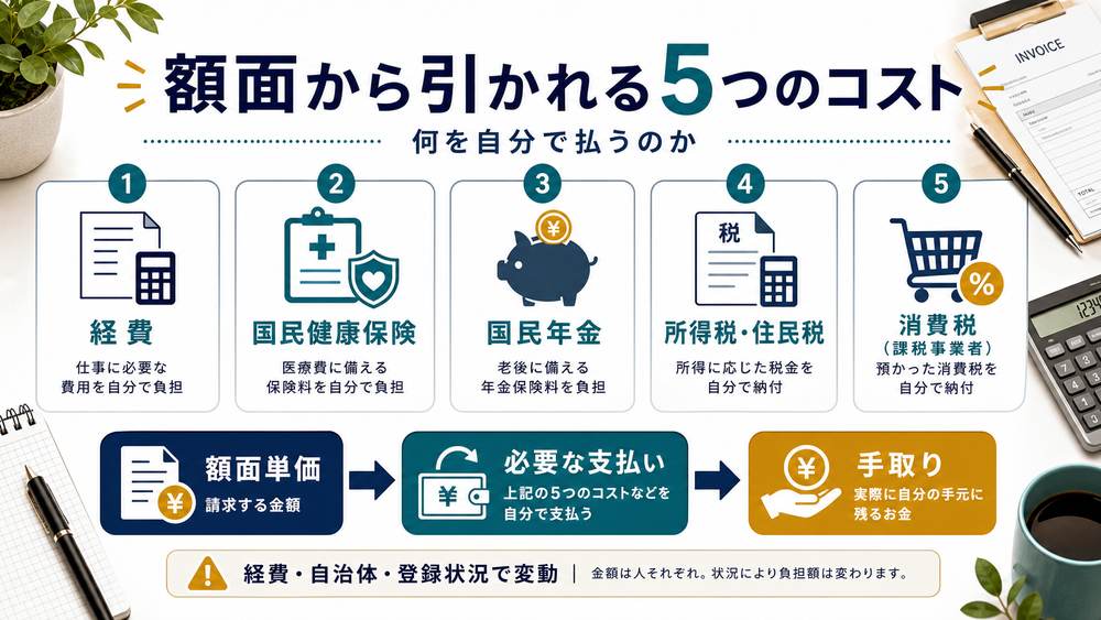 フリーランスの額面から引かれる経費、国民健康保険、国民年金、税金、消費税を示す図解